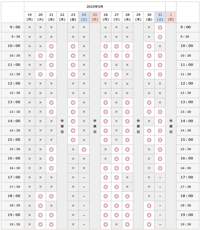 2025年5月20日から5月1日までの予約空き状況