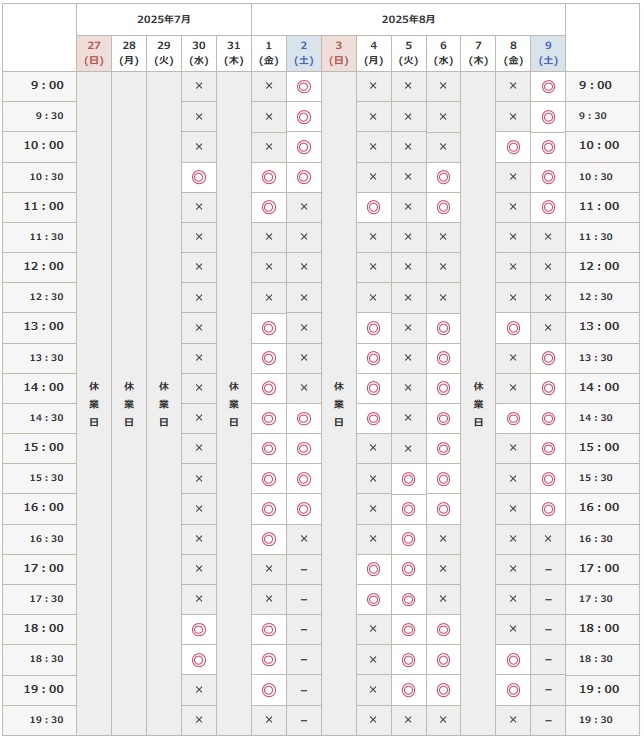 2025年7月28日から8月8日までの予約空き状況