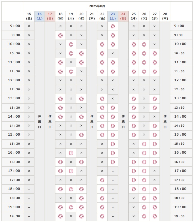 8月16日から28日までの予約空き状況