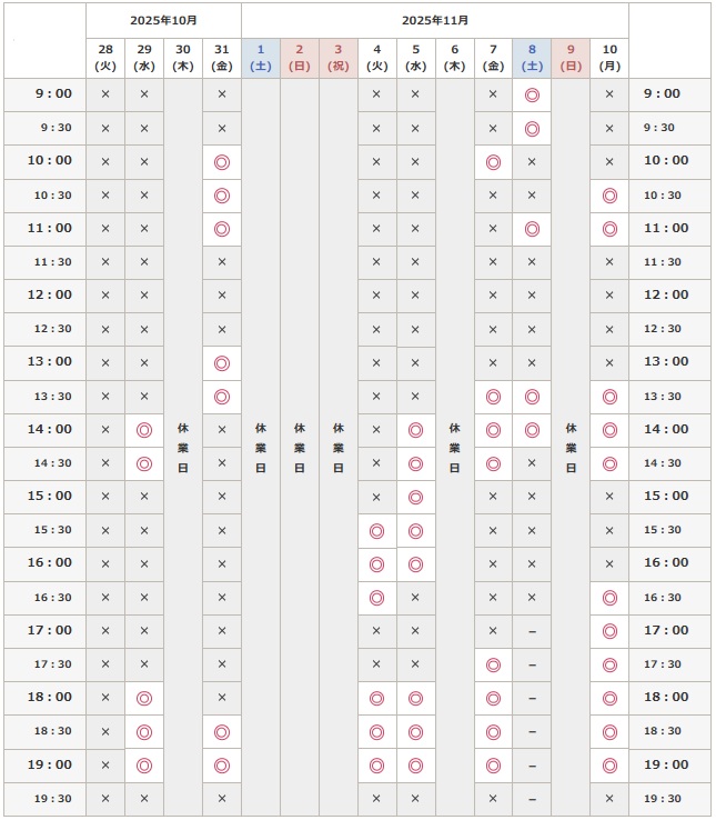2025年10月28日から11月10日までの予約空き状況