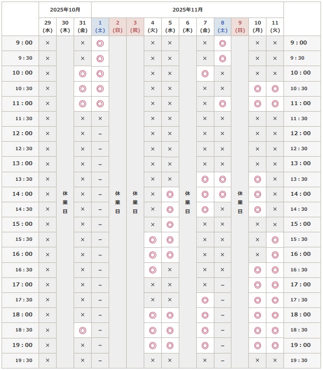 2025年10月31日から11月11日までの予約空き状況