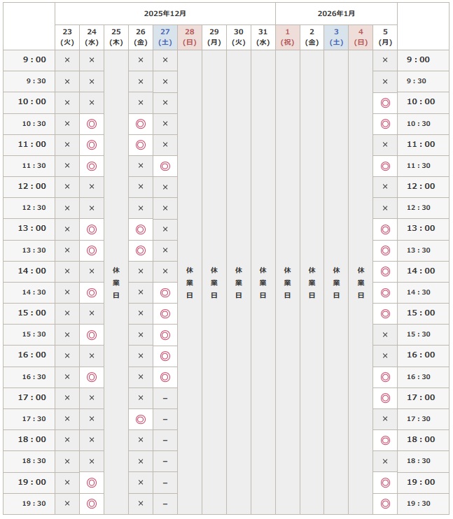 2025年12月24日から2026年1月5日までの予約空き状況