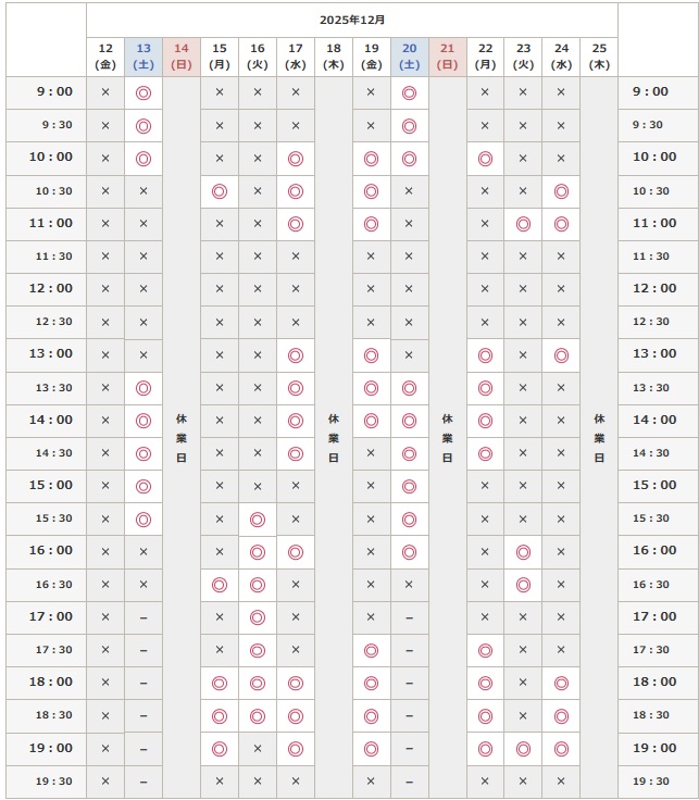 2025年12月13日から25日までの予約空き状況