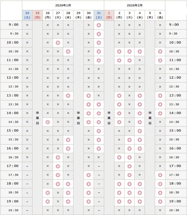 2026年1月25日から2月6日までの予約空き状況