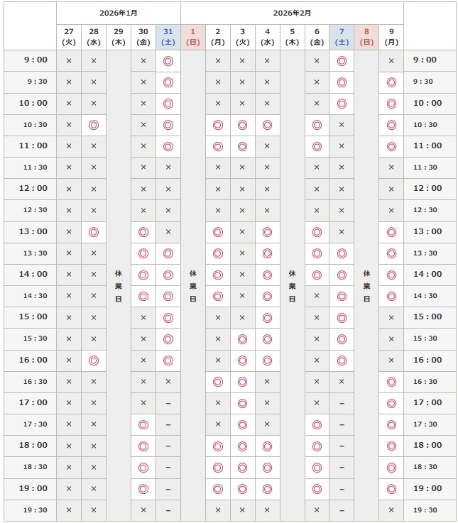 2026年1月28日から2月9日までの予約空き状況